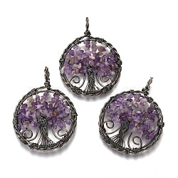 Natural Amethyst Pendants, with Red Copper Plated Brass Findings, Flat Round with Tree of Life, 64~67.5x50~51x6~7.5mm, Hole: 8x5~6.5mm(G-B001-01R-G)