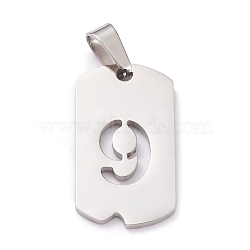 304 Stainless Steel Pendants, Rectangle with Number, Stainless Steel Color, Num.9, 27.5x14.5x1.5mm, Hole: 7.5x3mm(STAS-H144-02P-9)
