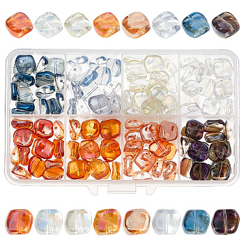 120Pcs 8 Colors Electroplate Transparent Glass Beads, AB Color, Twisted Square, Mixed Color, 11.5~12x10.5~11x5mm, Hole: 1.2mm, 15pcs/color