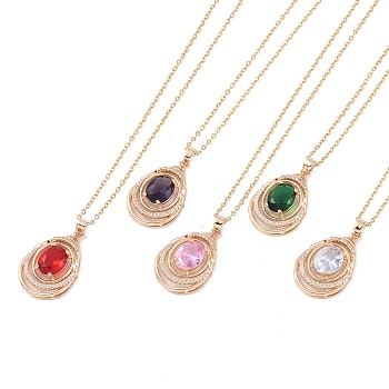 304 Stainless Steel Cable Chain Necklaces, Brass with Cubic Zirconia Pendant Necklaces, Real 18K Gold Plated, Teardrop, Mixed Color, 15.55 inch(395mm)