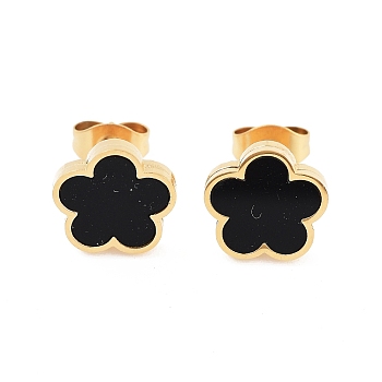 Flower Resin Stud Earrings, Golden Tone 304 Stainless Steel Jewelry for Women, Black, 9.5x10mm