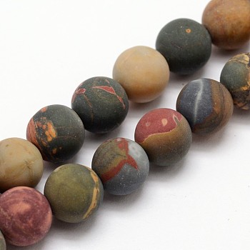 Natural Polychrome Jasper/Picasso Stone/Picasso Jasper Frosted Bead Strands, Round, 8mm, Hole: 1mm, about 49pcs/strand, 15.4 inch