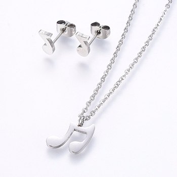 304 Stainless Steel Jewelry Sets, Stud Earrings and Pendant Necklaces, Note, Stainless Steel Color, Necklace: 17.7 inch(45cm), Stud Earrings: 8x4x1.2mm, Pin: 0.8mm