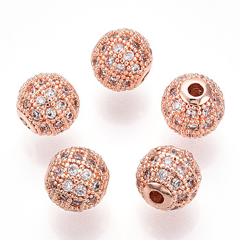 Rack Plating Brass Cubic Zirconia Beads, Long-Lasting Plated, Round, Rose Gold, 8x7mm, Hole: 2mm