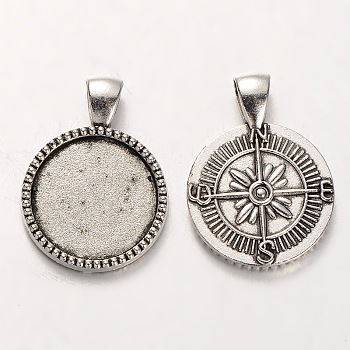 Tibetan Style Alloy Pendant Cabochon Settings, Cadmium Free & Lead Free, Flat Round Carved Compass, Antique Silver, 32x24x3mm, Hole: 5x7mm, Tray: 20mm, about 227pcs/kg