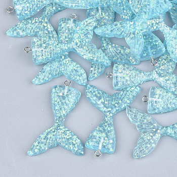 Resin Pendants, with Glitter Powder and Iron Findings, Mermaid Tail Shape, Platinum, Sky Blue, 46x30x6mm, Hole: 2mm