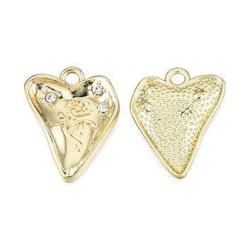 Rack Plating Alloy Pendants, with Crystal Rhinestone, Twist Heart with Flower, Cadmium Free & Nickel Free & Lead Free, Light Gold, 23x18.5x3mm, Hole: 2mm