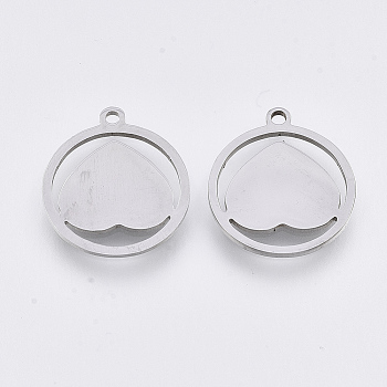 Non-Tarnish 201 Stainless Steel Pendants, Laser Cut Pendants, Flat Round with Heart, Stainless Steel Color, 17x15.5x1mm, Hole: 1.4mm