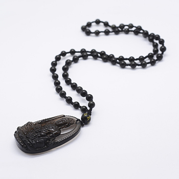 Natural Golden Sheen Obsidian Beaded Pendant Necklaces, with Natural Obsidian Pendants, Buddha, 23.62 inch(60cm)