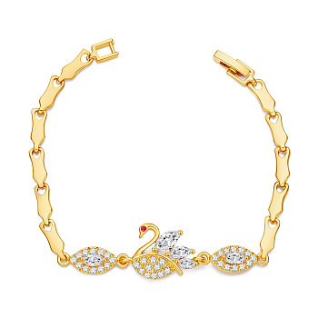 SHEGRACE Brass Real Gold Plated Link Bracelets, with Synthetic Cubic Zirconia, Swan, Golden, 7 inch(178mm), 15mm