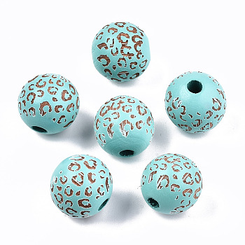 Painted Natural Wood Beads, Laser Engraved Pattern, Round with Leopard Print, Cyan, 15~16x15mm, Hole: 4mm
