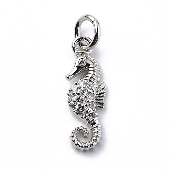 Brass Micro Pave Cubic Zirconia Charms, with Jump Ring, Sea Horse Charms, Platinum, 16x5.5x2.5mm, Hole: 3.2mm