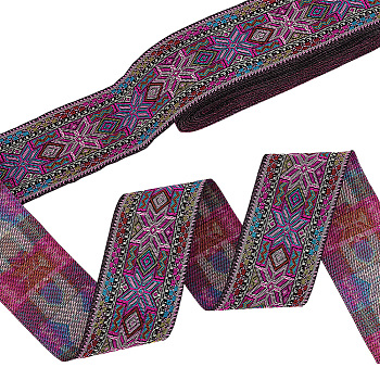 7M Ethnic Style Polyester Flower Jacquard Ribbons, Garment Accessories, Orchid, 2 inch(50mm), about 7.66 Yards(7m)/pc