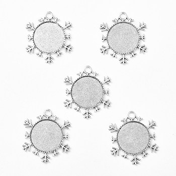 Christmas Ornaments Alloy Snowflake Pendant Cabochon Settings, Cadmium Free & Lead Free, Antique Silver, Flat Round Tray: 25mm, 43x38x2mm, Hole: 4mm
