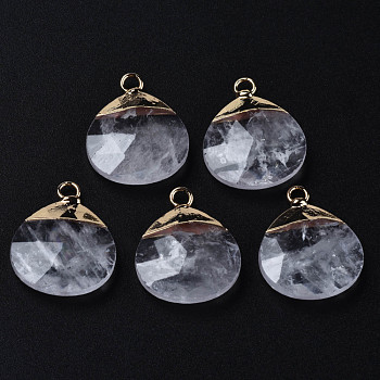 Natural Quartz Crystal Pendants, Rock Crystal Pendants, with Golden Brass Findings, Rack Plating, Faceted, Oval, 22x18x5mm, Hole: 2mm