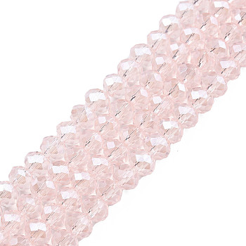 Electroplate Glass Beads Strands, Pearl Luster Plated, Faceted, Rondelle, Pink, 4x3mm, Hole: 0.4mm, about 113~115pcs/strand, 41~42cm