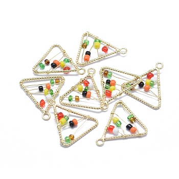 Brass Pendants, with Acrylic Beads, Long-Lasting Plated, Triangle, Real 14K Gold Plated, Colorful, 19.5x17.5x3mm, Hole: 1.8mm