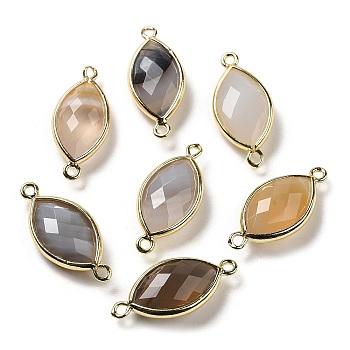 Natural Grey Agate Faceted Connector Charms, Rack Plating Brass Horse Eye Links, Golden, 25x11.5x5.5mm, Hole: 1.6mm