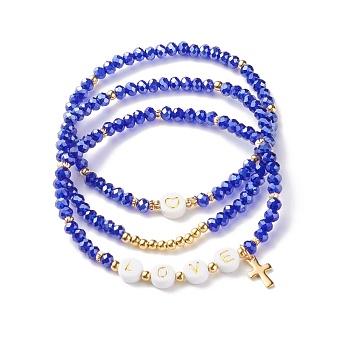 Glass Beads Stretch Bracelets Sets, with Acrylic & Brass Beads, 304 Stainless Steel Cross Charms, Love, Medium Blue, Inner Diameter: 2-1/4 inch(5.7cm), 3pcs/set