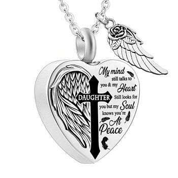 Heart and Wing Urn Ashes Pendant Necklace, Cross with Word Daughter 316L Stainless Steel Memorial Jewelry for Men Women, Word, 18.9 inch(48cm)