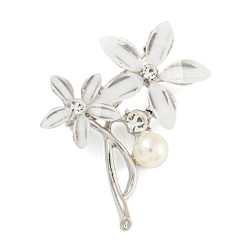 Alloy Crystal Rhinestone Flower Brooch, with Resin Peal & Cat's Eye, Platinum, 44x41mm