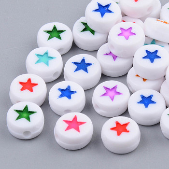 Opaque Acrylic Enamel Beads, Flat Round with Star, Mixed Color, 7x4mm, Hole: 1.5mm