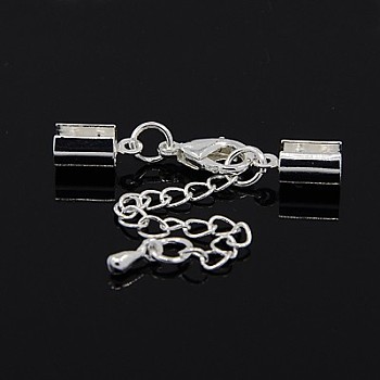 Brass Chain Extender, with Cord Ends and Lobster Claw Clasps, Silver, 36mm, Hole: 4mm, Cord End: 10x5mm, Hole: 4mm