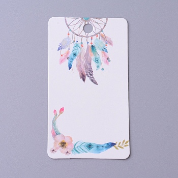 Cardboard Earring Display Cards, Rectangle with Woven Net/Web & Feather  Pattern, White, 9x5x0.04cm, Hole: 1.5mm