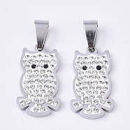 201 Stainless Steel Pendants, with Random Size Snap On Bails and Polymer Clay Crystal Rhinestones, Owl, Stainless Steel Color, 24x14x3mm, Hole: 8~10x3~5mm(X-STAS-N089-18P)