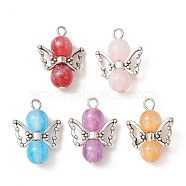 Resin Imitation Cat Eye Pendants, Angel Charms with Antique Silver Plated Alloy Wings, Mixed Color, 24.5x18x8mm, Hole: 2.5mm(PALLOY-JF02180)