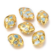 Natural Larimar Beads Beads, Brass Edge Golden Plated, Oval, 28.5~32x22~24x12.5~15mm, Hole: 1.2mm(G-Z018-04G)