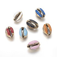 Electroplated Cowrie Shell Beads, with Enamel, Undrilled/No Hole Beads, Golden, Mixed Color, 18~22x13~15x7~8mm(BSHE-G019-01G)