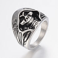 304 Stainless Steel Finger Rings, with Enamel, Skull, Antique Silver, 17~22mm(RJEW-G091-21)