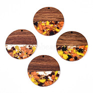 Transparent Resin & Walnut Wood Pendants, with Gold Foil, Flat Round Charms, Coral, 38.5x3mm, Hole: 2mm(RESI-TAC0017-75-A03)