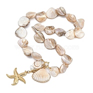 Summer Beach Natural Shell Beaded Necklaces, Starfish 304 Stainless Steel Pendant Necklaces for Women, Real 18K Gold Plated, 17.72 inch(45cm)(NJEW-A033-02B-G)