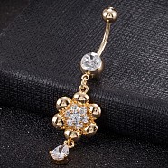 Piercing Jewelry, Brass Cubic Zirconia Navel Ring, Belly Rings, with 304 Stainless Steel Bar, Cadmium Free & Lead Free, Real 18K Gold Plated, Flower, Clear, 55x15mm, Bar Length: 3/8"(10mm), Bar: 14 Gauge(1.6mm)(AJEW-EE0003-20A)