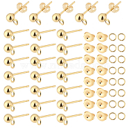 Elite 100Pcs 304 Stainless Steel Stud Earring Findings, Ball Stud Earring Post with Loop, with 100Pcs Open Jump Rings & 100Pcs Ear Nuts, Real 24K Gold Plated, 15x7x4mm, Hole: 1.7mm(DIY-PH0006-33)