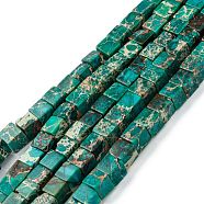 Natural Imperial Jasper Beads Strands, Dyed, Cube, Light Sea Green, 7x7x7mm, Hole: 1.2mm, about 59~60pcs/strand, 15.1~15.3 inch(38.5~39cm)(G-I248-02N-A)