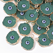 Druzy Resin Pendants, with Edge Light Gold Plated Iron Loops, Flat Round with Eye, Teal, 20~23x17~18x5mm, Hole: 1.8mm(RESI-S383-011B)