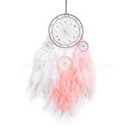 Girl's Heart Iron Ring Woven Net/Web with Feather Wall Hanging Decoration, with Cloth & Plastic Beads, for Home Offices Amulet Ornament, Pink, 600x160mm(PW-WG22127-01)