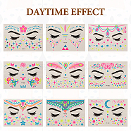 9 Sheets 9 Style Creative Fluorescent Face Tattoo Paper Stickers, Body Stickers Glow UV Neon Temporary Tattoos for Women Festival DIY Makeup Party Props, Rectangle, Mixed Patterns, 15x10.5x0.03cm, 1 sheet/style(STIC-TA0002-01)