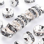 Brass Grade A Rhinestone Spacer Beads, Silver Color Plated, Nickel Free, Black Diamond, 10x4mm, Hole: 2mm(RSB039NF-03)