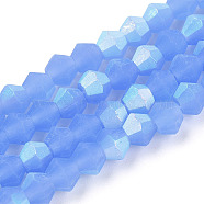 Imitation Jade Bicone Frosted Glass Bead Strands, Half AB Color Plated, Faceted, Cornflower Blue, 4x4mm, Hole: 1mm, about 82~85pcs/strand, 30.5~31cm(GLAA-F029-JM4mm-A04)