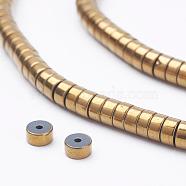 Electroplate Non-Magnetic Synthetic Hematite Beads Strands, Heishi Beads, Flat Round/Disc, Golden Plated, 4x2mm, Hole: 1mm, about 202pcs/strand, 15.7 inch(40cm)(G-F510-03G-4mm)