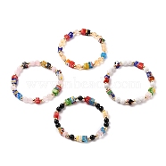 Stretch Beaded Bracelets, with Cube Millefiori Glass Beads, Round Natural Gemstone Beads and Brass Beads, Mixed Color, Inner Diameter: 2-1/4 inch(5.6cm)(BJEW-JB05739)