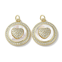 Brass Micro Pave Cubic Zirconia Pendants, with Shell, Flat Round with Heart Pattern, Real 18K Gold Plated, 20.5x18x4.5mm, Hole: 3mm(KK-G485-34K-G)