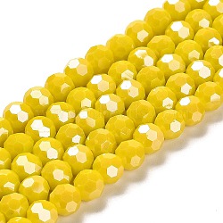 Electroplate Opaque Glass Beads Strands, Faceted(32 Facets), Pearl Luster Plated, Round, Yellow, 8mm, Hole: 1mm, about 66~69pcs/strand, 19.29~19.57 inch(49~49.7cm)(X-EGLA-A035-P8mm-A04)