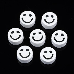 Handmade Polymer Clay Beads, Flat Round with Smiling Face, White, 8~9x4mm, Hole: 1.5mm(CLAY-S096-010G)