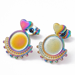 Ion Plating(IP) 304 Stainless Steel Stud Earring Findings, Heart with Round Tray Earring Settings, with Ear Nuts, Rainbow Color, 17x14mm, Pin: 0.6mm, Tray: 8mm(EJEW-G338-02M)