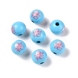 Natural Wood European Beads, Ocean Theme Printed lotus Beads, Large Hole Beads, Light Sky Blue, Octopus, 16x15mm, Hole: 4mm(WOOD-S059-01L)